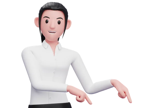 Chica Apuntando A La Esquina Inferior Derecha Sugiriendo A La Audiencia Que Se Suscriba Ilustracion De Personaje De Mujer De Negocios En 3 D 3D Illustration