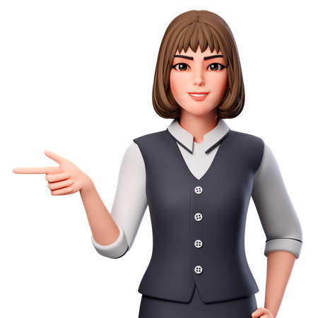 Mujer de negocios apuntando hacia el lado izquierdo con la mano izquierda  3D Illustration