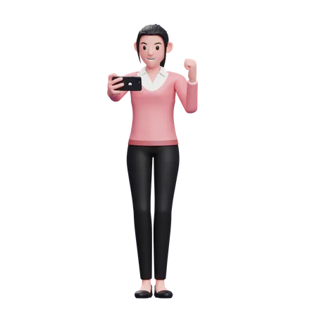 Mujer de negocios celebrando mientras mira la pantalla del teléfono  3D Illustration