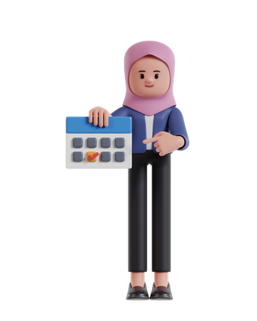 Empresaria con hijab apuntando a la fecha límite en el calendario  3D Illustration