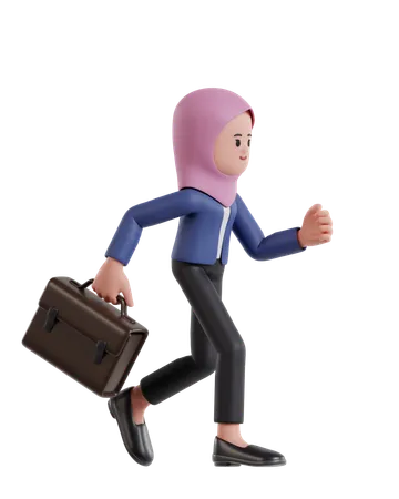 Empresaria vistiendo un hijab corriendo con maletín  3D Illustration