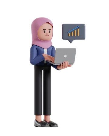 Empresaria con hijab monitoreando las estadísticas de crecimiento en la pantalla del portátil  3D Illustration