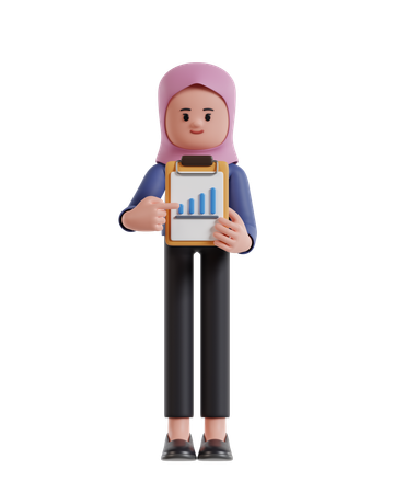 Empresaria con hijab muestra datos de mejora en papel sujetado a un portapapeles  3D Illustration