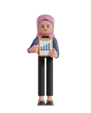 Empresaria con hijab muestra datos de mejora en papel sujetado a un portapapeles  3D Illustration