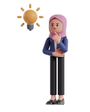 Empresaria con hijab Pensando sosteniendo la mano en la barbilla buscando ideas  3D Illustration