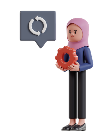 Empresaria con hijab sosteniendo engranaje rojo gestionando negocios  3D Illustration