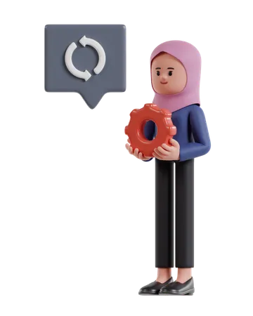 Empresaria con hijab sosteniendo engranaje rojo gestionando negocios  3D Illustration