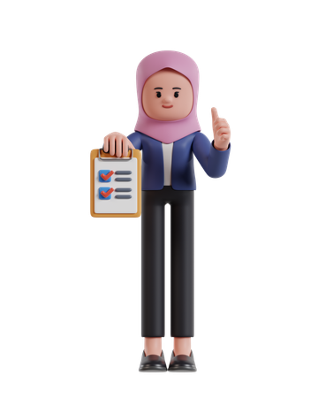 Empresaria con hijab sosteniendo portapapeles completando tarea con lista de verificación  3D Illustration