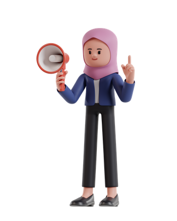 Empresaria con hijab sosteniendo un megáfono mientras levanta un dedo  3D Illustration