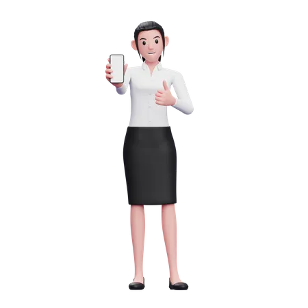 La mujer de negocios da el visto bueno y muestra la pantalla del teléfono inteligente  3D Illustration