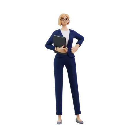 Mujer de negocios de pie con archivo en mano  3D Illustration