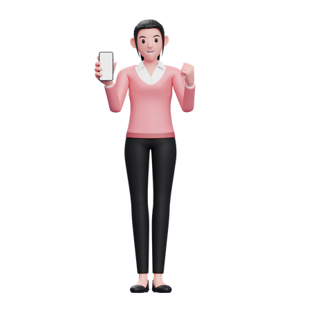 Mujer de negocios haciendo gesto ganador mientras muestra la pantalla del teléfono  3D Illustration