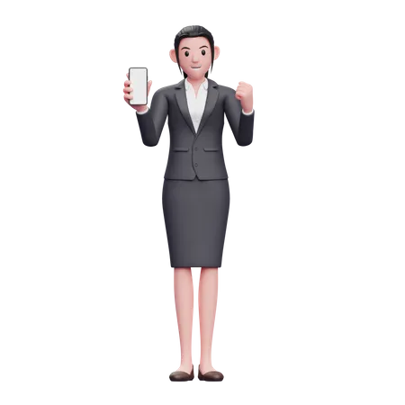 Mujer de negocios haciendo gesto ganador mientras muestra la pantalla del teléfono  3D Illustration