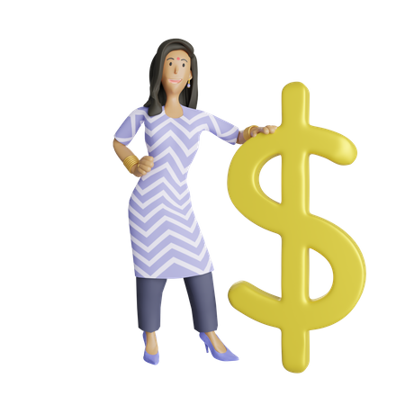 Mujer de negocios india parada junto al símbolo del dólar  3D Illustration