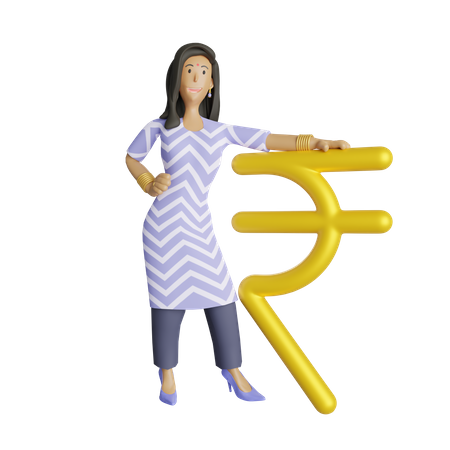 Mujer de negocios india parada al lado del símbolo de la rupia  3D Illustration