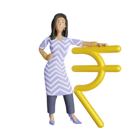 Mujer de negocios india parada al lado del símbolo de la rupia  3D Illustration