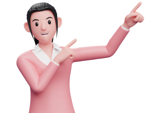 Mujer de negocios levantando ambas manos apuntando a la esquina superior derecha  3D Icon