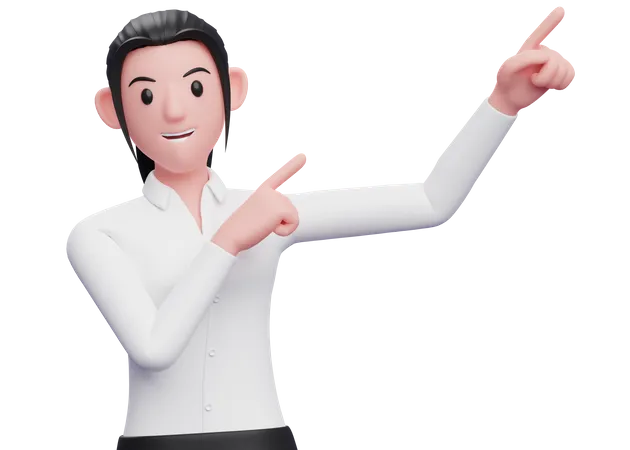 Mujer de negocios levantando ambas manos apuntando a la esquina superior derecha  3D Illustration
