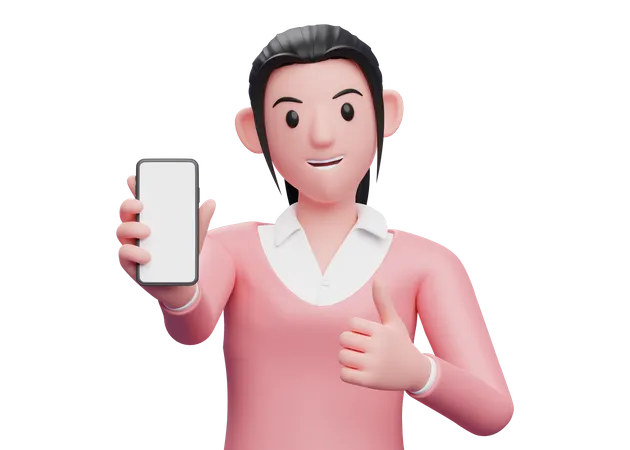 Mujer de negocios mostrando la pantalla del teléfono con los pulgares hacia arriba  3D Illustration