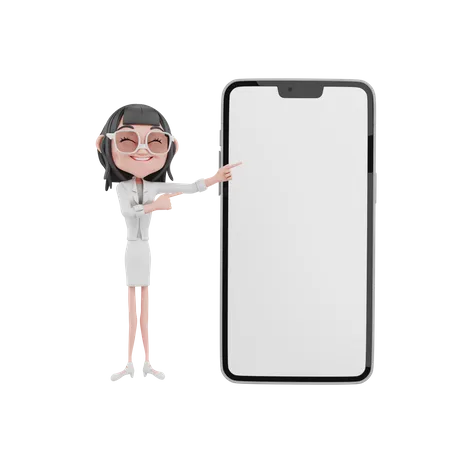 Mujer de negocios que muestra la pantalla del móvil en blanco  3D Illustration