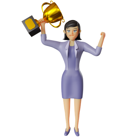 Mujer de negocios obteniendo trofeo  3D Illustration