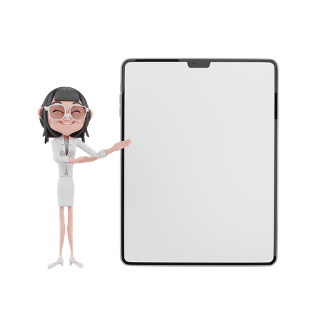 Mujer de negocios que presenta la pantalla de la tableta en blanco  3D Illustration