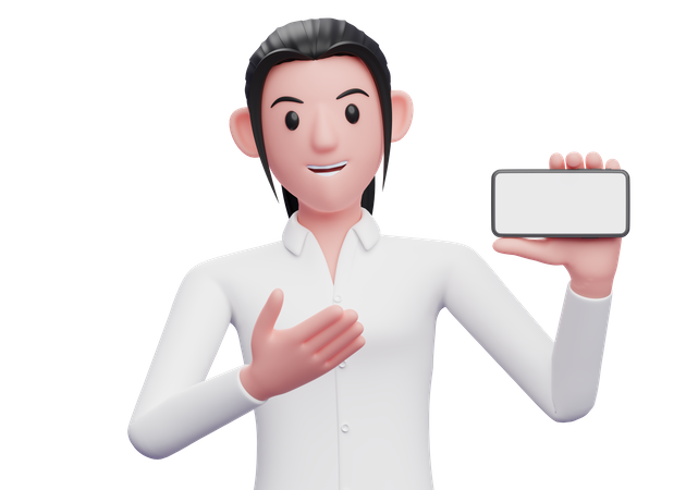 Mujer de negocios que muestra la pantalla del móvil en blanco  3D Icon