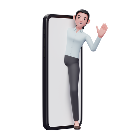 Empresaria saliendo de la pantalla del teléfono y renunciando a la mano  3D Illustration