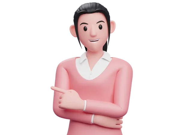 Linda Chica Con Sueter Rosa Apuntando Con El Dedo Hacia La Izquierda Y La Mano Cruzada En El Pecho Ilustracion De Personaje De Mujer De Negocios En 3 D 3D Illustration