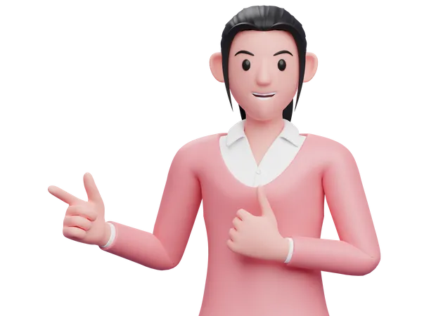 Mujer de negocios señalando con el dedo el lado izquierdo y mostrando los pulgares hacia arriba  3D Illustration