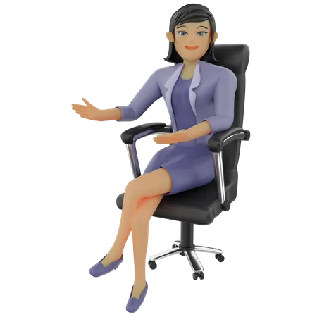 Mujer de negocios sentada con pose de bienvenida  3D Illustration