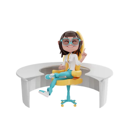 Empresaria sentada en una silla de oficina y una mesa circular  3D Illustration