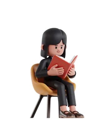 Mujer de negocios sentada en una silla y leyendo un libro  3D Illustration