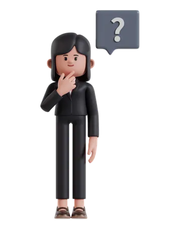 Mujer de negocios sosteniendo la barbilla mientras piensa con signo de interrogación  3D Illustration