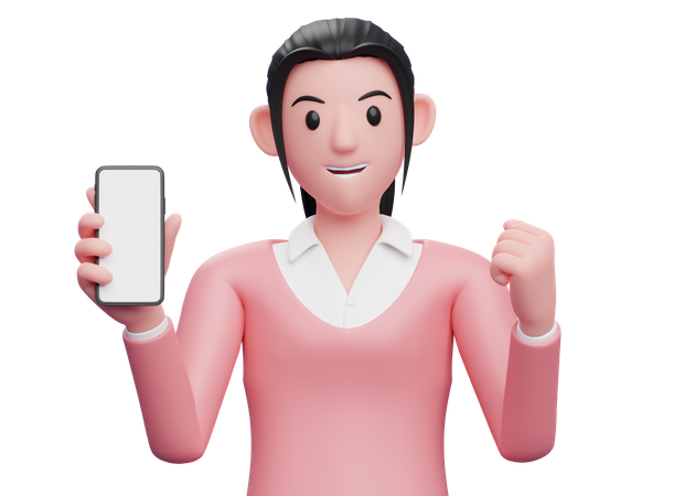 Mujer de negocios sosteniendo un teléfono celular mientras celebra  3D Illustration