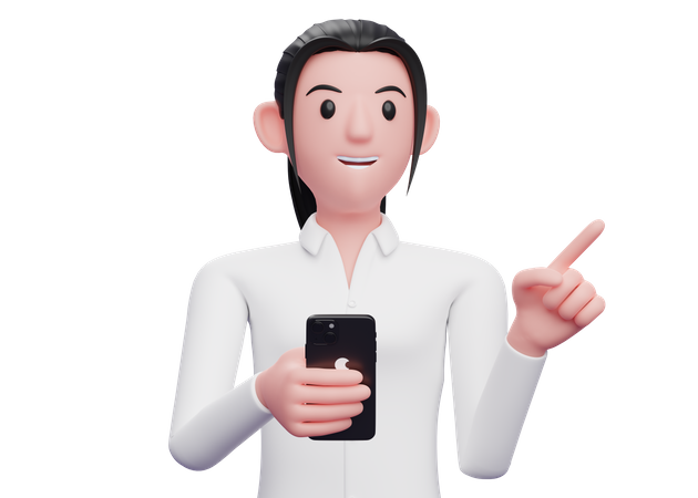 Mujer de negocios sosteniendo un teléfono celular mientras apunta hacia un lado  3D Icon