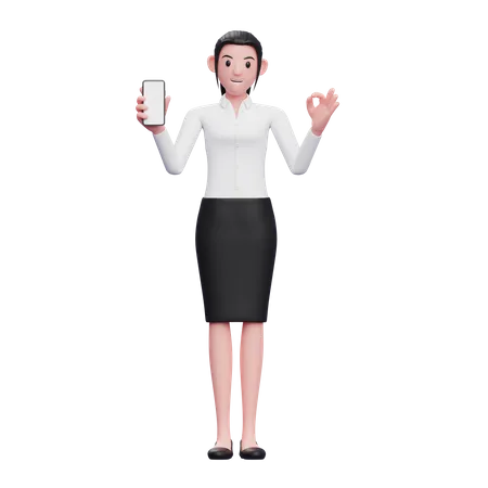 Mujer de negocios sosteniendo un teléfono inteligente y mostrando el dedo ok  3D Illustration
