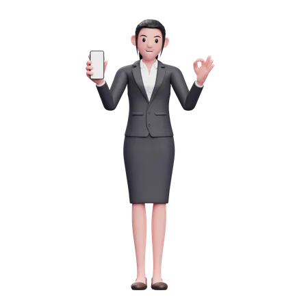 Mujer de negocios sosteniendo un teléfono inteligente y mostrando el dedo ok  3D Illustration