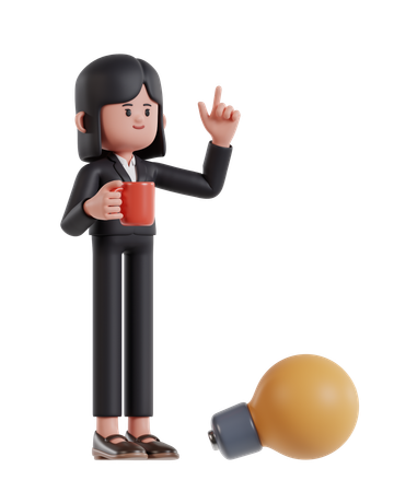 Mujer de negocios sosteniendo una taza de café e inspirándose  3D Illustration