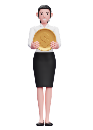 Mujer de negocios, tenencia, moneda de un dólar  3D Icon