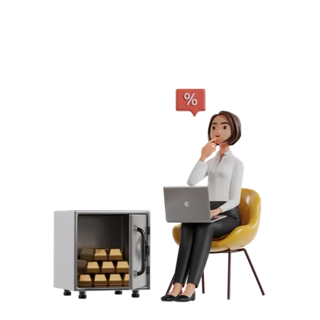 Mujer De Negocios Sentada Frente A Una Computadora Portatil Pensando En El Porcentaje De Inversion En Oro Que Se Posee En La Boveda 3D Illustration