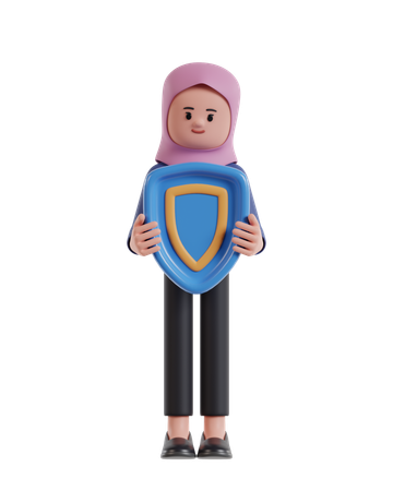 Empresaria vistiendo hijab sosteniendo escudo de protección  3D Illustration