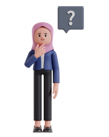 Mujer de negocios usando hijab sosteniendo la barbilla mientras piensa con signo de interrogación  3D Illustration