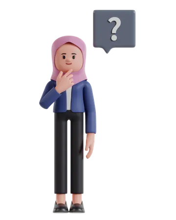 Mujer de negocios usando hijab sosteniendo la barbilla mientras piensa con signo de interrogación  3D Illustration