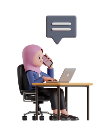 Mujer de negocios usando hijab trabajando en una computadora portátil mientras habla por teléfono  3D Illustration