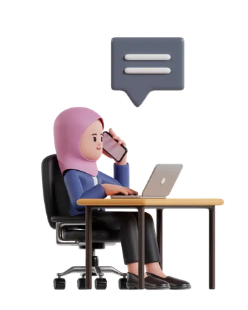 Mujer de negocios usando hijab trabajando en una computadora portátil mientras habla por teléfono  3D Illustration