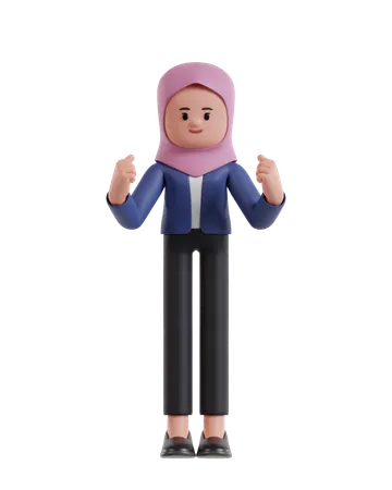 Empresaria vistiendo un hijab celebrando con las manos en alto  3D Illustration