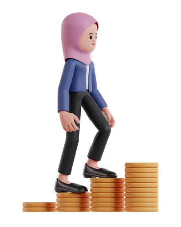 Empresaria vistiendo un hijab subiendo en el gráfico de monedas de un dólar  3D Illustration