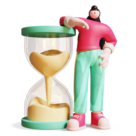 Mujer de pie detrás de un reloj de arena  3D Illustration