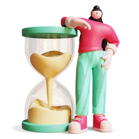 Mujer de pie detrás de un reloj de arena  3D Illustration